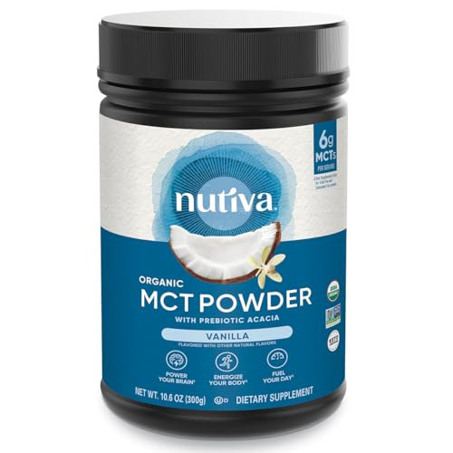 Nutiva Organic MCT Powder with Prebiotic Acacia Fiber, Vanilla, 10.6 Oz, USDA Organic, Non-GMO, Non-BPA, Vegan, Gluten-Free, Keto & Paleo, Instant Be