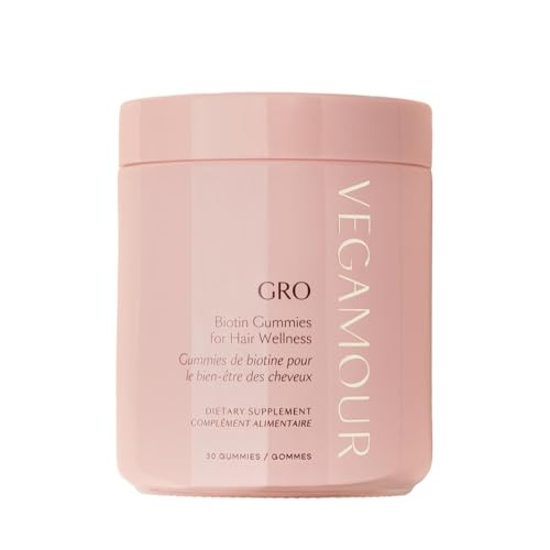 VEGAMOUR GRO Biotin Gummies, Strawberry Flavor with 5000 mcg Biotin, Supports Healthy Hair Vegan Gummies with Vitamins A, B, C, E, B-12 & More, 30 Ct