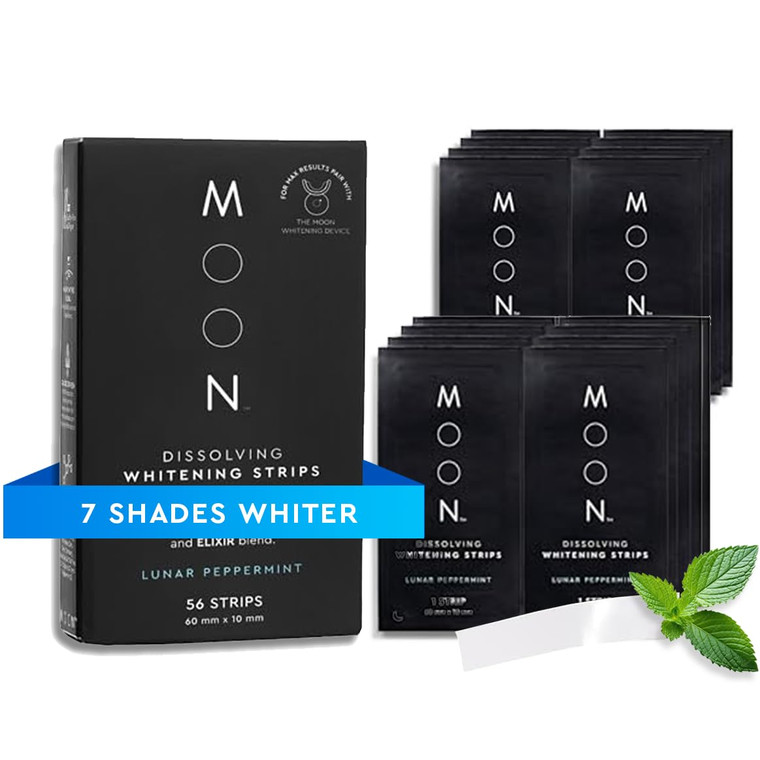 MOON Dissolving Teeth Whitening Strips, 56 No Rinse White Strips, Peppermint, Hydrogen Peroxide & Essential Oils, Whiten Sensitive Teeth up to 7 Shad