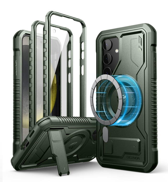 Dexnor Magnetic Case for Samsung Galaxy S24 Case with Kickstand & 2 Front Frames, Built-in Screen Protector, Compatible with Magsafe, Rugged Shockpro