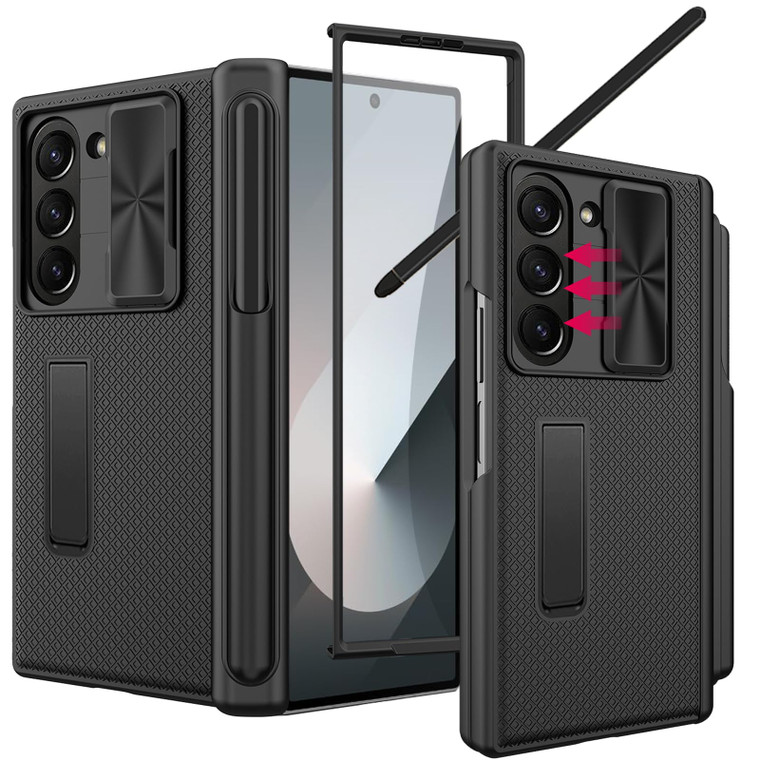 YQODSZ for Samsung Galaxy Z Fold 6 Case with S Pen Holder & Stylus, [Slide Camera Cover] Fold6 Pen Slot Case with Kickstand Hinge Protection Screen P