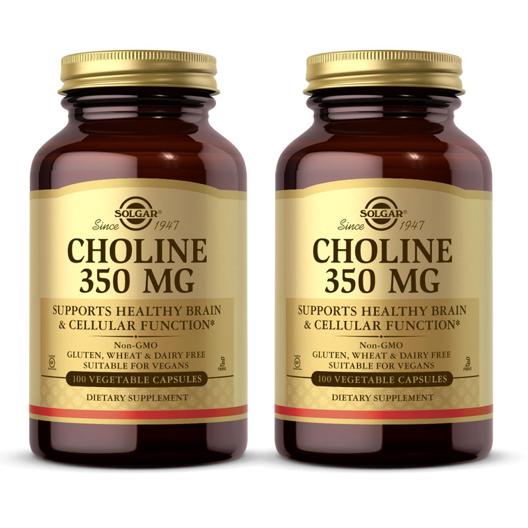 Solgar Choline 350 mg - 100 Vegetable Capsules, Pack of 2 - Non-GMO, Vegan, Kosher - 200 Total Servings