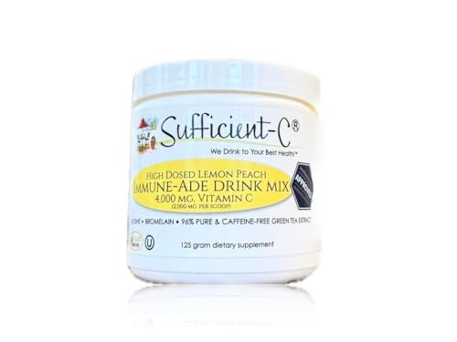 Sufficient-C High Dose Non-GMO Vitamin C Lemon Peach Immune-Ade Drink Mix, Convenient 125 Gram Size w/L-lysine, Bromelain & a Premium 96% Pure Green