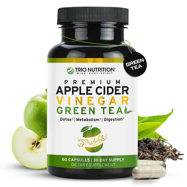 TRIO NUTRITION Apple Cider Vinegar Capsules with Green Tea - Natural Sugar Free Apple Cider Vinegar Pills with The Mother for Body Cleanse, Immune, W