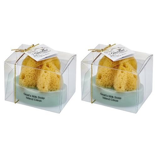 Goat Milk & Olive Oil Soap with Natural Sea Sponge 2-pack Island Citrus Scent: 6oz Exfoliating Bar for All Skin Types, Moisturizing, Hydrating, Gentl
