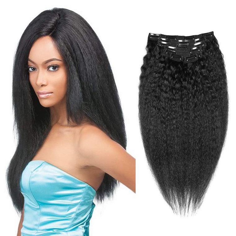 Kinky Straight Human Hair Clip ins Kinky Yaki Straight Clip ins Hair Piece for African American Kinky Curly Clip in Hair Extensions 10"-24" 7 Pcs (80