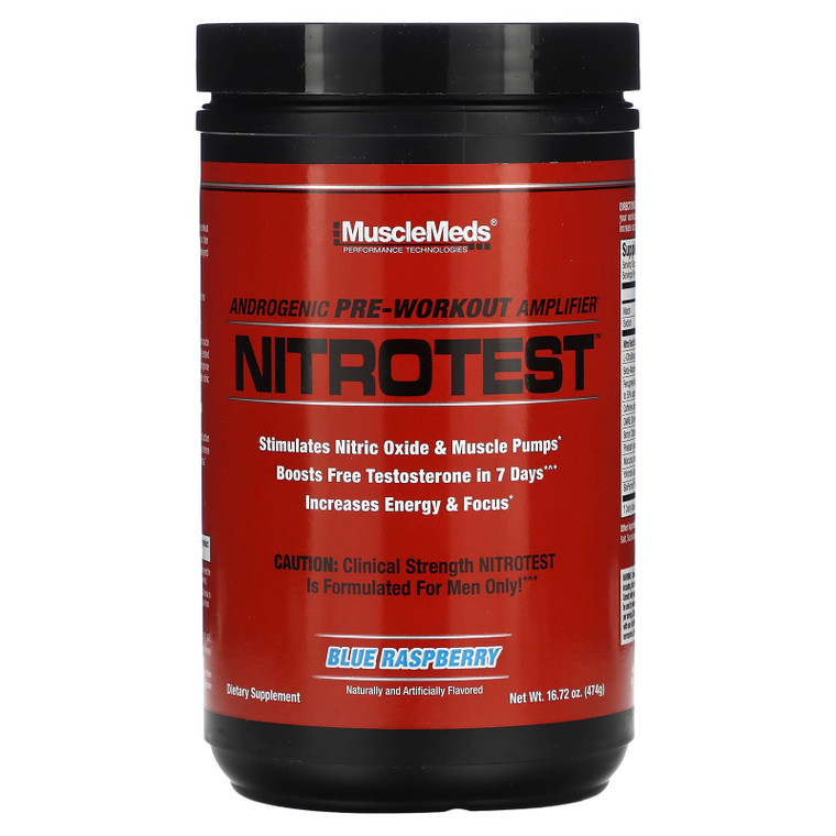 MuscleMeds Nitrotest Pre-Workout Supplement Drink, Boost Nitric Oxide, Testosterone, Blue Raspberry, 30 Serving, 1.04 Pound, 1 Count