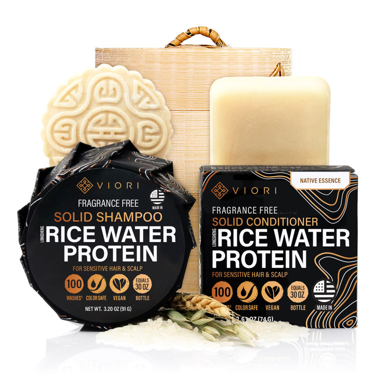 Viori Native Essence Shampoo and Conditioner Bar Set and Bamboo Holder - Made with Rice Water for Hair Growth - Handcrafted Sulfate Free Shampoo and