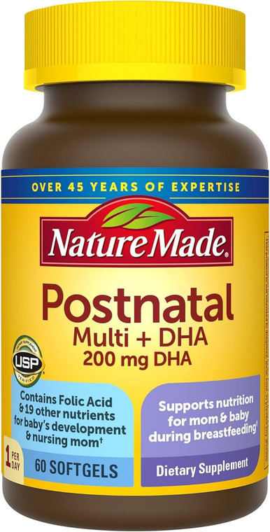 Nature Made Postnatal Multivitamin + DHA 200 mg, 60 Softgels, to Support Nursing Moms & Babies During Breastfeeding, Postnatal Vitamins & Nutrients I