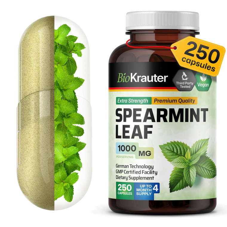 BIO KRAUTER® Spearmint Capsules for Digestive Support - Vegan & Pure Spearmint Supplement 1000 mg 250 Caps - Used for Respiratory Support & General W