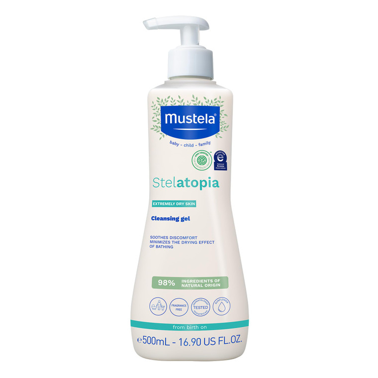 Mustela Stelatopia Eczema-Prone Skin Cleansing Gel - Baby Face & Body Wash with Natural Avocado & Sunflower Oil - Fragrance-Free & Tear Free - 16.9 f