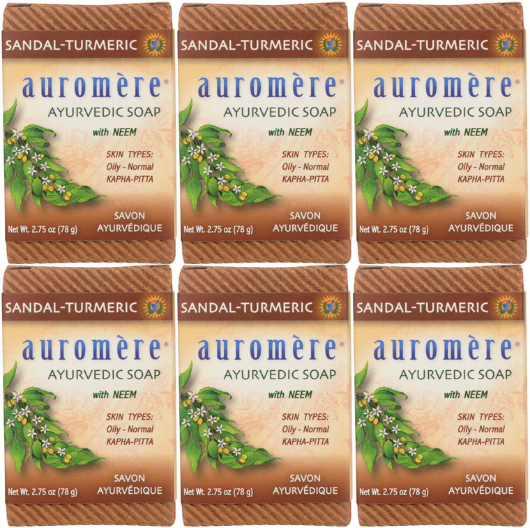 Auromere Ayurvedic Bar Soap, Sandal Turmeric - Eco Friendly, Handmade, Vegan, Cruelty Free, Natural, Non GMO (2.75 oz), 6 pack