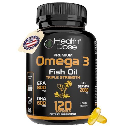 Health Dose Omega 3 Fish Oil 2000mg  Lemon-Flavored Softgels with EPA 800mg & DHA 600mg for Brain, Heart, and Wellness Support  Easy-to-Digest, No
