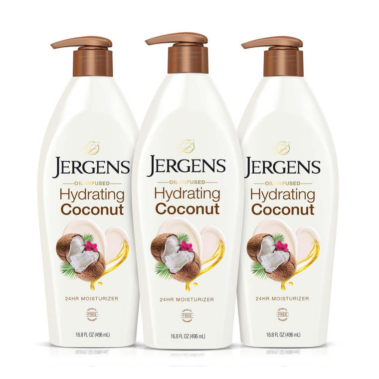 Jergens Hydrating Coconut Body Lotion, Hand and Body Moisturizer, Infused with Coconut Oil, Hydrates Dry Skin Instantly, Dermatologist Tested, 16.8 o