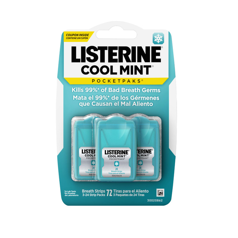Listerine Cool Mint PocketPaks Portable Breath Strips for Bad Breath, Fresh Breath Strips to Kill 99% of Bad Breath Germs* On-The-Go, Cool Mint Flavo