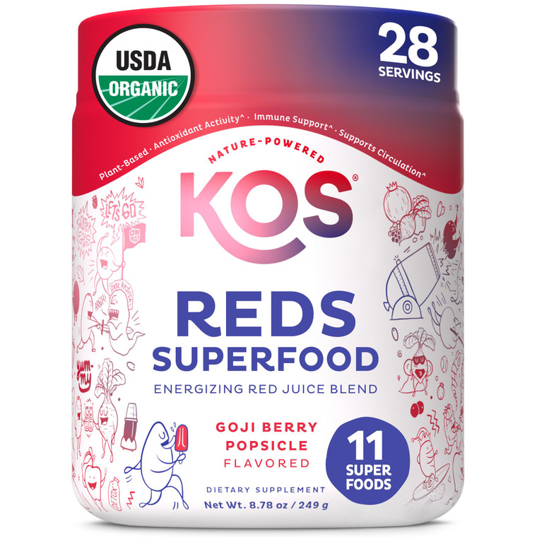 KOS Reds Superfood Powder for Antioxidants - USDA Certified Organic Beet Root, Goji Berries, Acai, Pomegranate, Coconut Water & Digestion Enzymes- Go