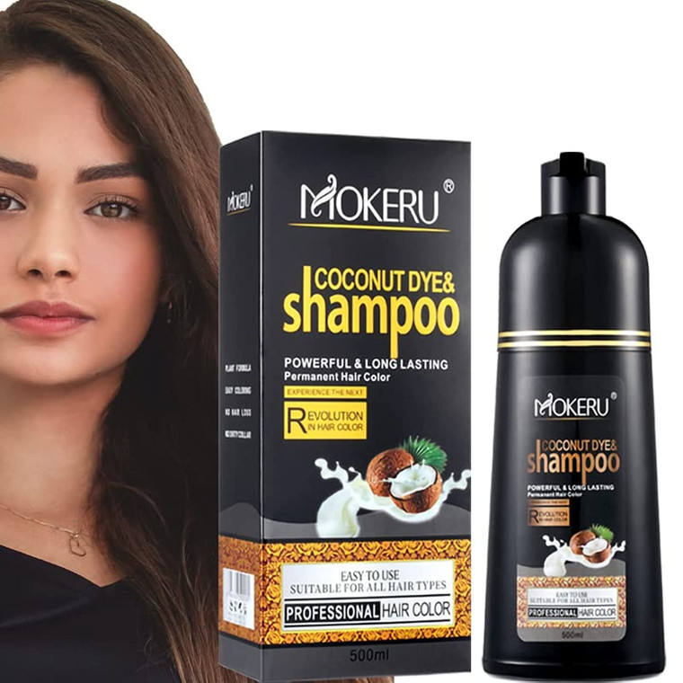 COSMTEK MOKERU Coconut Dark Brown Hair Dye Shampoo for Gray Hair, Semi-Permanent Color Women and Men, Fast Acting Long Lasting, 3 in 1- 100% Grey Cov