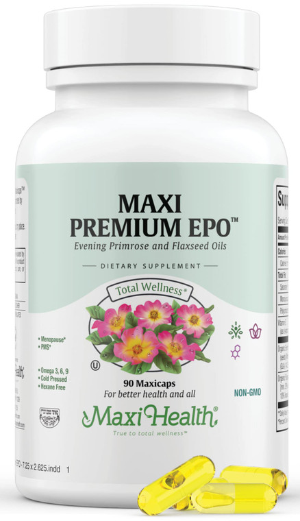 Maxi Health Women's Organic Evening Primrose Oil Capsules 1500mg - EPO Gamma Linolenic Acid Supplement - PMS & Hot Flashes Menopause Relief - GLA Hor