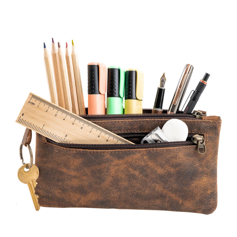 moonster Leather Pencil Case Pouch 8" x 4" - Leather Pen Case with Zipper