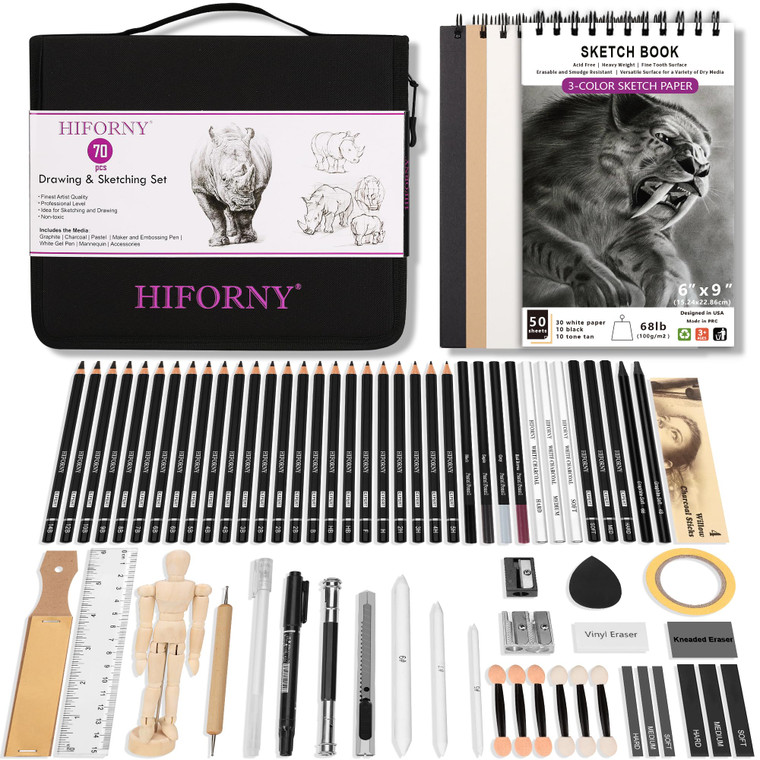 HIFORNY 70 PCS Drawing Set Sketching Kit,Sketch Pencils Art Supplies with Graphite,Charcoal,Blending Tools & Accessories,Portable Zippered Travel Cas