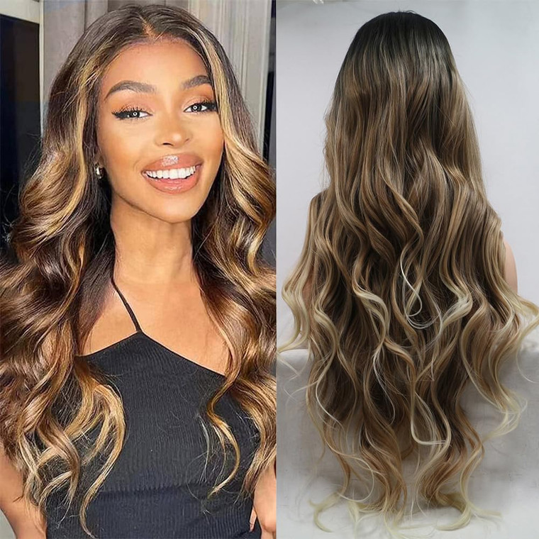 xiweiya Black to Blue Wig Heat Resistant Fiber Hair Long Ombre Blue Wigs with Blonde Tips Mixed Piano Color Middle Part Cheap Wigs 180% Density 13x3