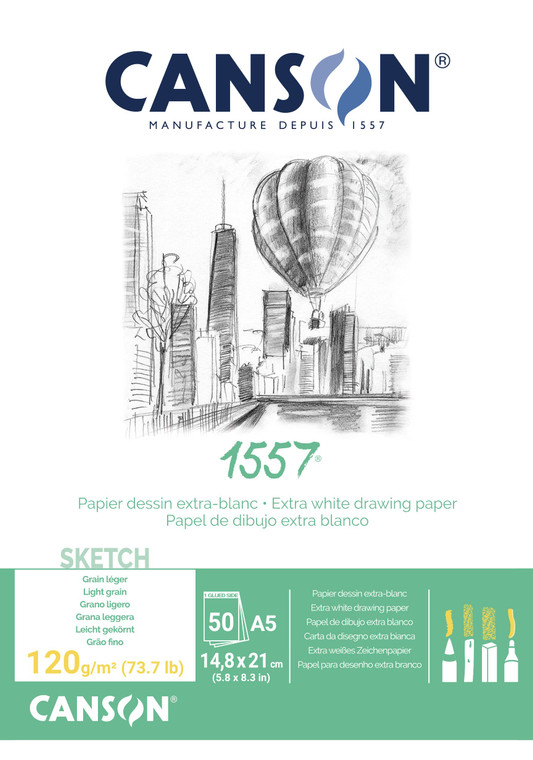 CANSON 1557 120gsm A4 White Sketch Paper Pad, Light Grain, Glued Short Side, 50 Extra White Sheets, Ideal for Professional Artists & Students