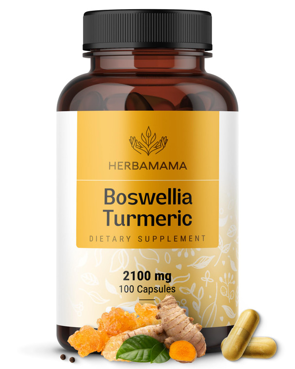 HERBAMAMA Turmeric and Boswellia Extract Capsules - 2100mg Boswellia Serrata & Turmeric Complex with Black Pepper Extract - Vegan, Non-GMO, 95% Curcu