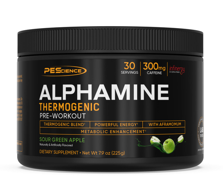 PEScience Alphamine Thermogenic Pre Workout, Fat Burner Pre Workout Energy Powder with L-Carnitine, Sour Green Apple, 60 Scoops