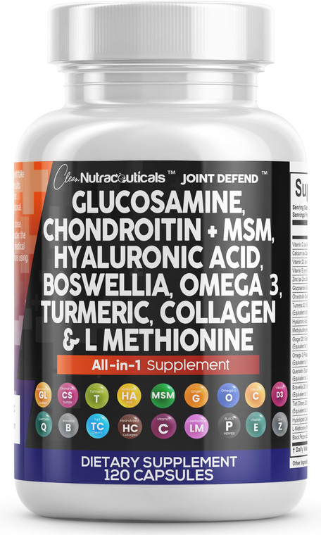 Clean Nutraceuticals Glucosamine Chondroitin MSM 1500mg with Turmeric Curcumin, Collagen, Hyaluronic Acid, Omega 3  Joint Health Supplement for Men