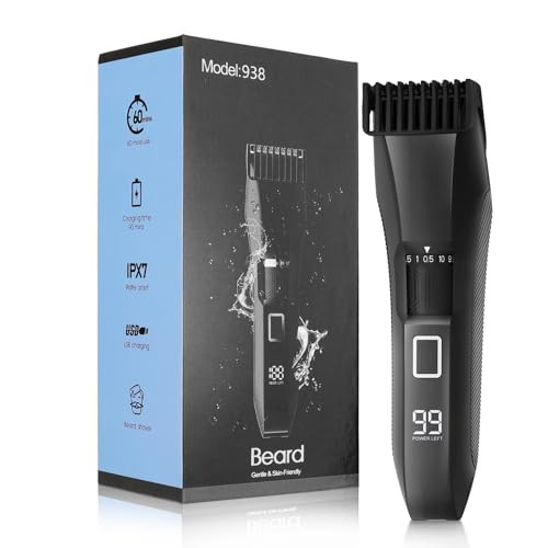 Beatslm Men's Beard Trimmer, 20 Length Adjustable, IPX7 Waterproof Cordless Hair Clipper, Stainless Steel T-Blade for Precision Facial Hair Trimming