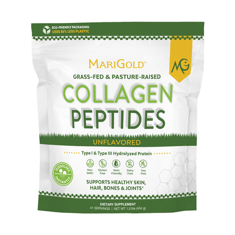MariGold Grass-fed Collagen Peptides Powder Unflavored 1LB - 100% Pure, Type I & III Bovine Hydrolyzed Collagen, Non-GMO, Hormone-Gluten-Dairy Free,