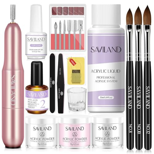 SAVILAND Acrylic Nail Kit with Drill: 15g Clear White Pink Acrylic Powder and Liquid Set Beginner Nail Kit with 100 Forms Brushes Primer Top Gel & Ma