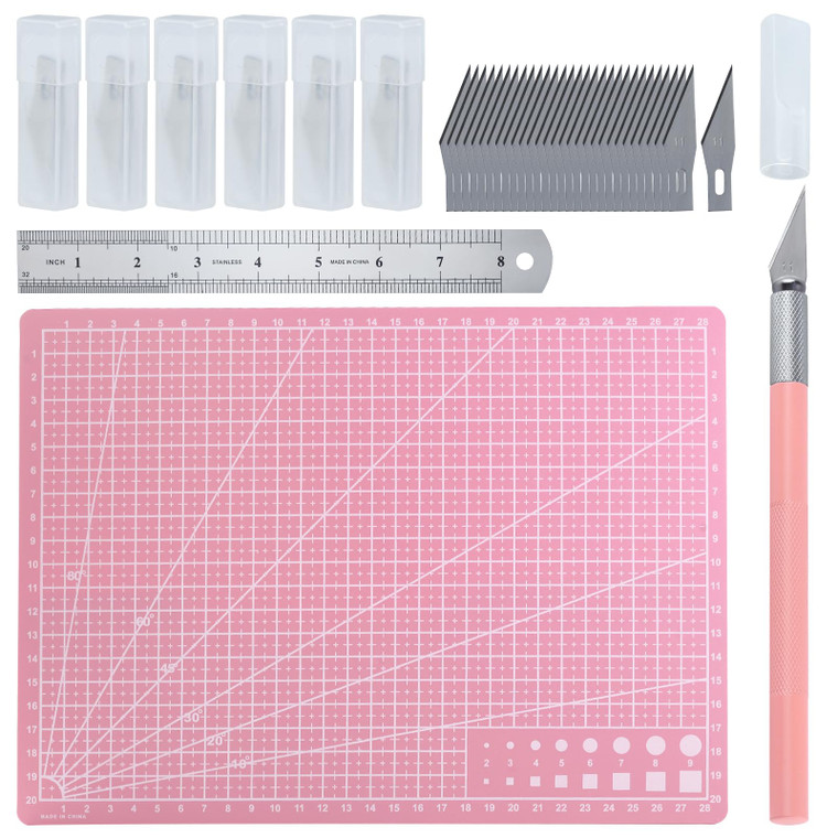 GOLD DEER Exacto Knife for Crafting Precision Carving Hobby Knife Kit with A4 Cutting Craft Mat 20 CM Steel Ruler 30 PCS #11 Hobby Blades for DIY, Ar