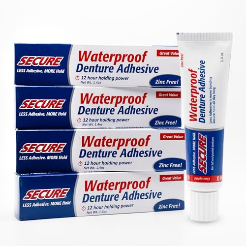 Secure Denture Adhesive Cream for Uppers, Lowers & Partials  Waterproof Seal & Zinc Free  Food Grade Ingredients - Less Adhesive, More Hold - Tube
