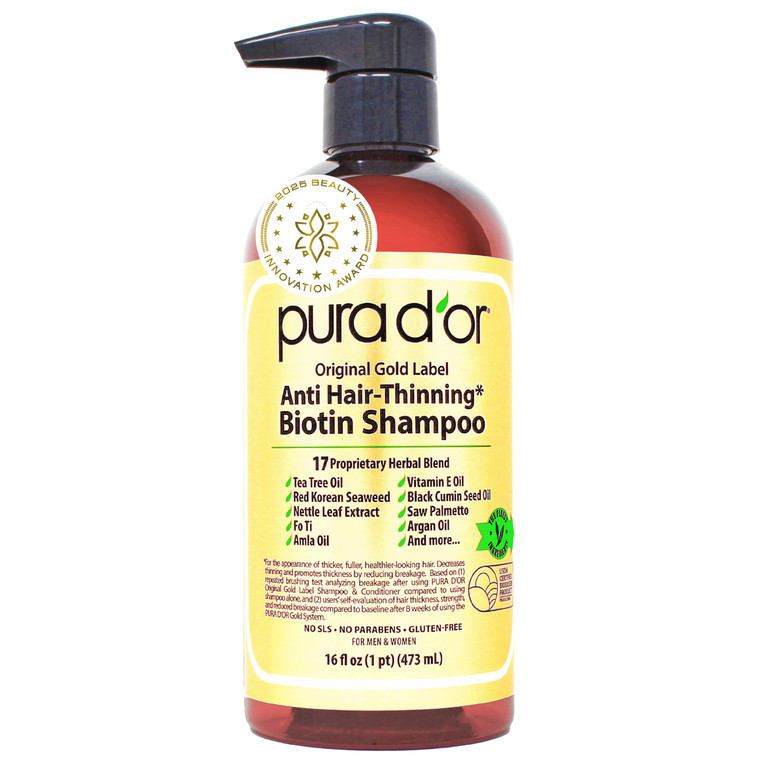 PURA D'OR Original Gold Label Anti-Thinning Shampoo  CLINICALLY TESTED Botanical Formula  Biotin & Argan Oil  Sulfate-Free Strengthening & Volumiz