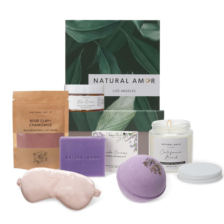 Natural Amor Spa Gift Set for Women  6-Piece Self Care Gift Box with Handmade Soap, Bath Bomb, Candle & Skincare, Ready-to-Gift Relaxation Set
