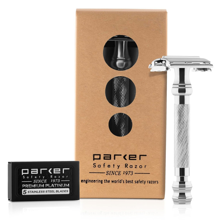 Parker 99R Chrome Long Handle Heavyweight Butterfly Open Double Edge Safety Razor for Men | 5 Parker Premium Platinum Double Edge Razor Blades Includ