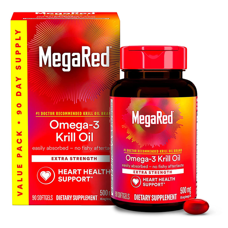 MegaRed Antarctic Krill Oil 500mg Omega 3 Fatty Acid Supplement, Extra Strength EPA & DHA Krill Oil Softgels (90cnt Box), Astaxanthin, Heart Health S
