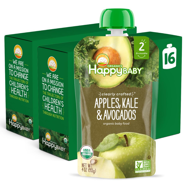 Happy Baby Organics Stage 2 Baby Food Pouches, Gluten Free, Vegan & Healthy Snack, Clearly Crafted Fruit & Veggie Puree, Apples, Kale & Avocados, 4 O