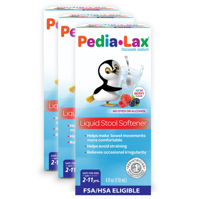 Pedia-Lax Liquid Stool Softener for Kids, Ages 2-11, Berry Flavor, 4 Fl Oz (Pack of 3) Packaging may vary