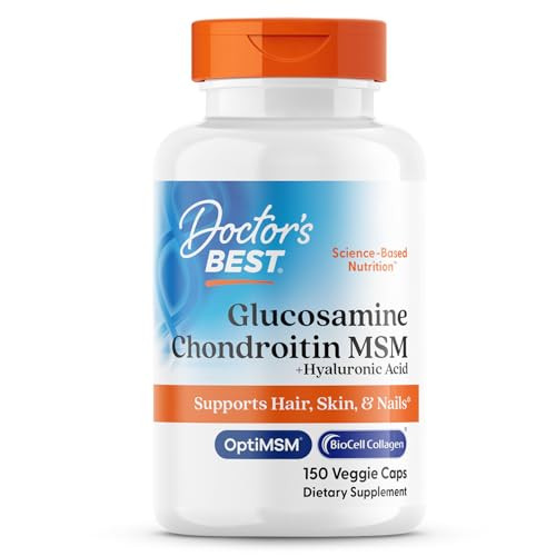 Doctor's Best Glucosamine Chondroitin MSM + Hyaluronic Acid with OptiMSM Featuring Biocell Collagen, Joint Support, Non-GMO, Gluten & Soy Free, 150 C