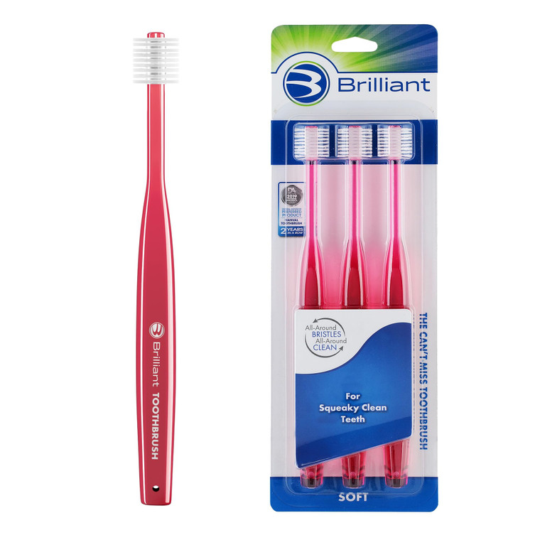 Brilliant Oral Care Adult Toothbrush with Soft Bristles, Round Head, and All-Around Clean for Teeth and Gums, Red, 3 Pack