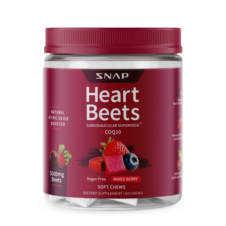 Snap Supplements Heart Beets Beet Root Soft Chews, Cardiovascular Support Supplement for Men & Women, CoQ10 & Acai, Energy & Circulation Support, Sug