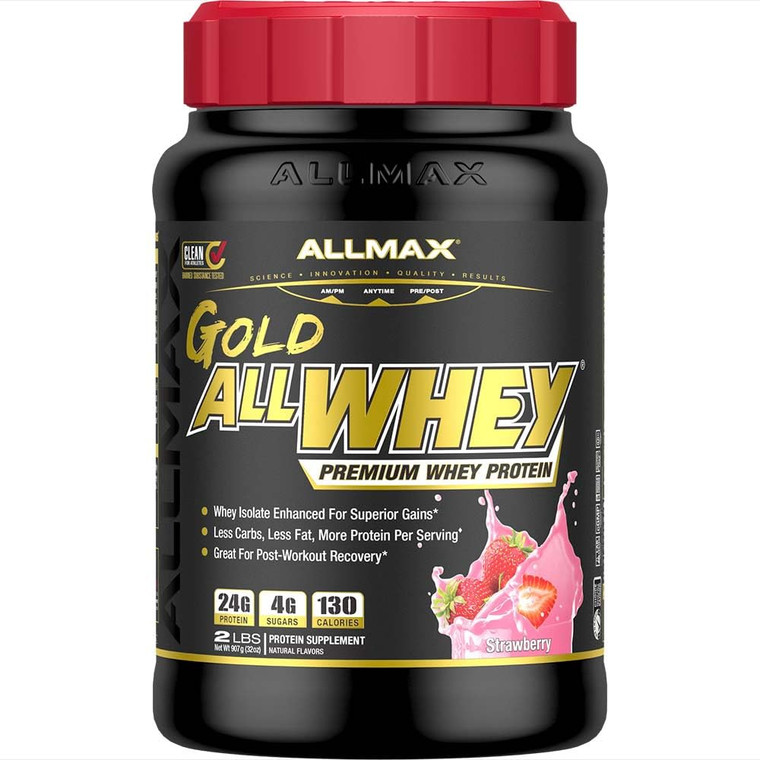 ALLMAX Nutrition Gold ALLWHEY, Strawberry - 2 lb - 24 Grams of Protein Per Scoop - Gluten Free, Low Carb & Low Sugar - Approx. 30 Servings