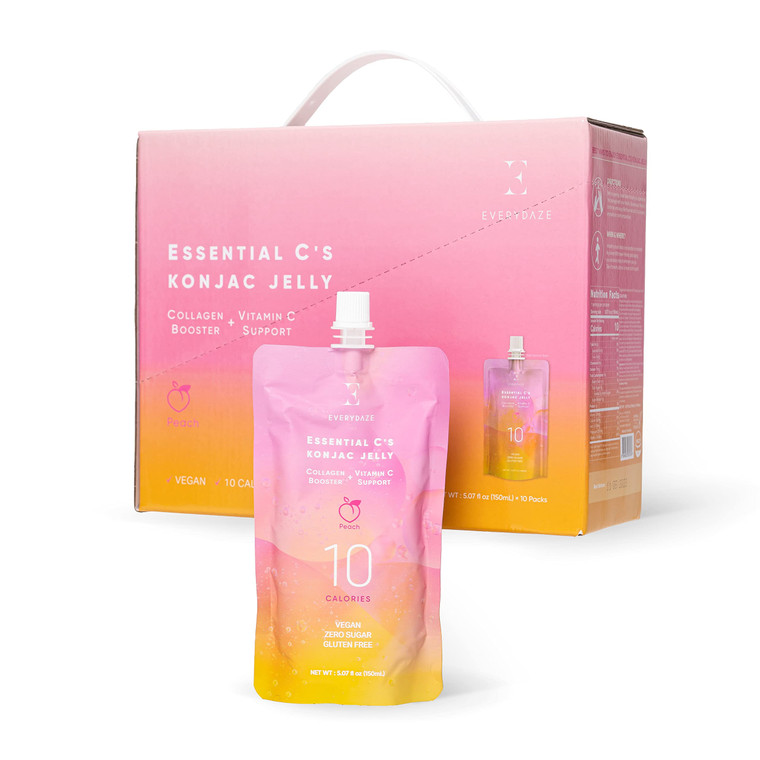 EVERYDAZE Essential Cs Konjac Jelly | Peach | Vegan Collagen Peptides, Gluten Free, Sugar Free, Low Calorie | Healthy Drinkable Fruit Snack | 10 Pac