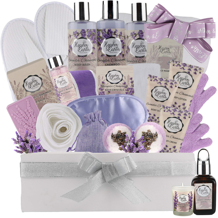 Valentines Gift Baskets for Women Spa Day! Natural Lavender Chamomile Spa Bath Sets for Women Gift Infused with Essential Oils. Sulfate Free Lavender