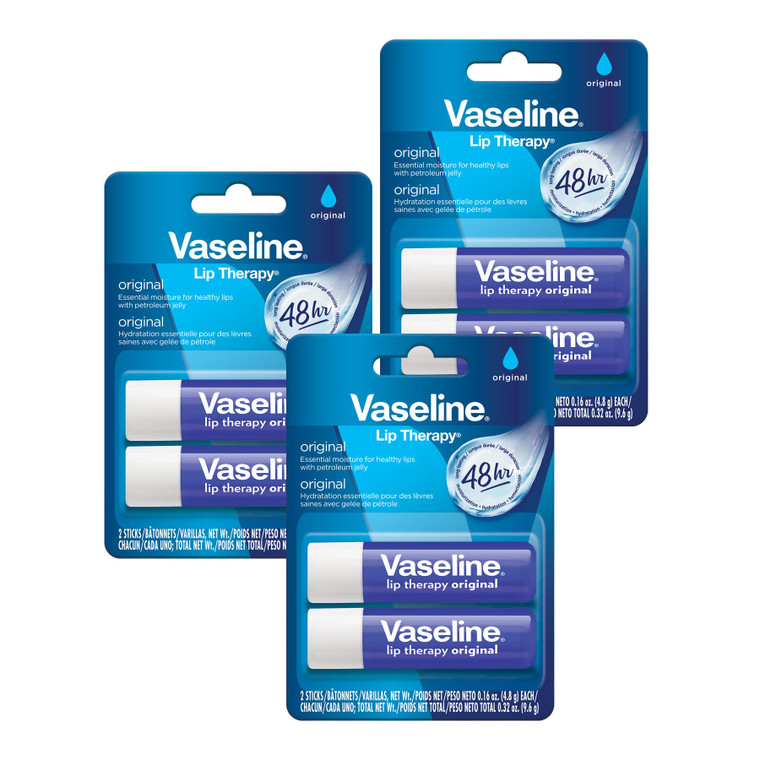 Vaseline Lip Therapy Care Original, Fast-Acting Nourishment, Ideal for Chapped, Dry, Cracked, or Damaged Lips, Lip Balm, 3-Pack of 2, 0.16 Oz Each, 6