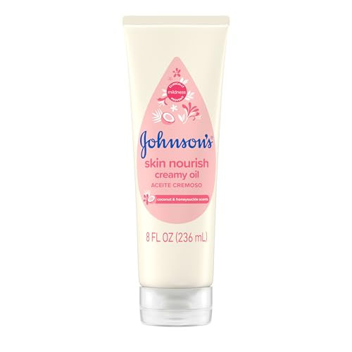Johnson's Skin Nourish Creamy Baby Oil for Dry Skin with Coconut & Honeysuckle Scent, Rich & Creamy Baby Body Oil Moisturizes for 24 Hours & Helps Pr