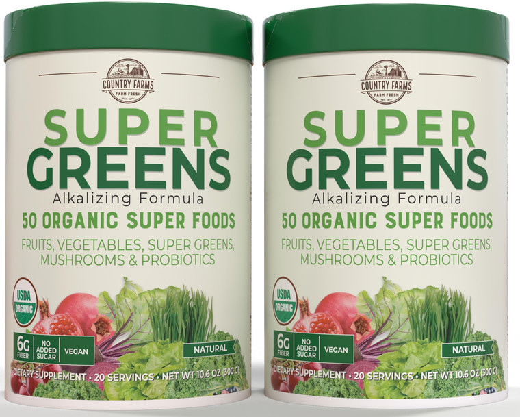 Country Farms Super Greens Natural Flavor, 50 Organic Super Foods, USDA Organic Drink Mix, Fruits, Vegetables, Super Greens, Mushrooms & Probiotics,