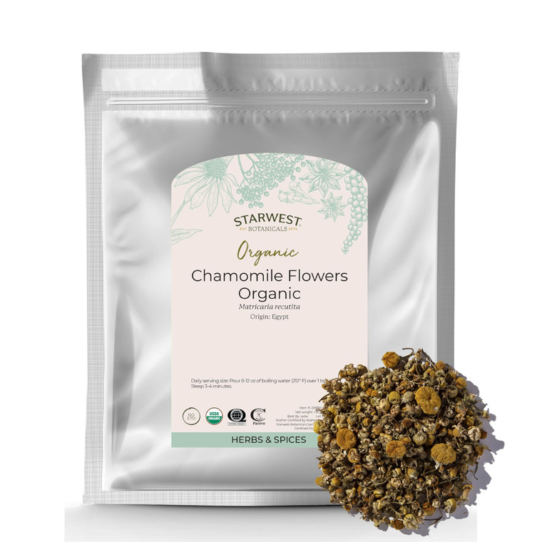 Starwest Botanicals Organic Chamomile Flowers Whole - Dried Loose Leaf Herb for Tea, Herbal Lotions, & Baking, Sourced from Egypt, Certified Kosher,